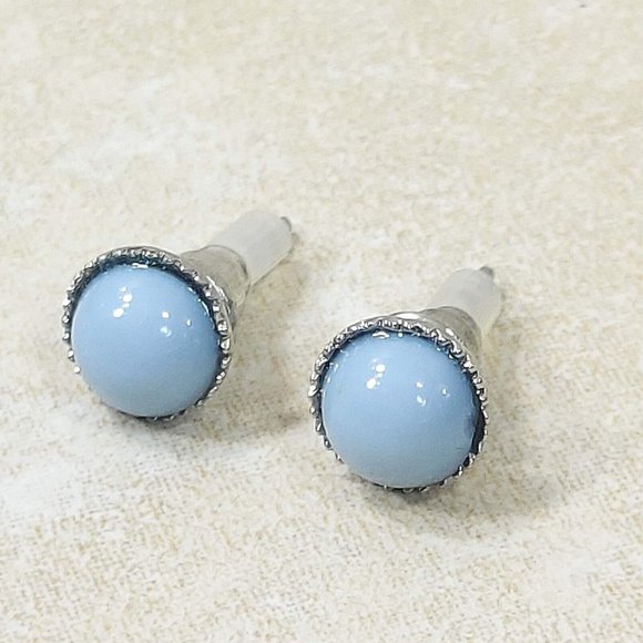 Silver Round Stud Earrings Blue Stone Vintage Jewelry Jewel Trinket Gift for Her - Picture 11 of 11